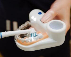 dentist showing how to brush model teeth