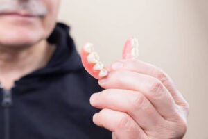 senior holding dentures